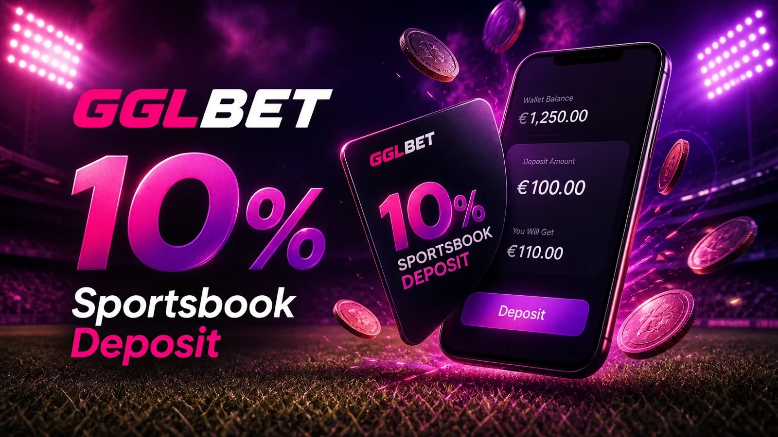 GGLBET 10% Sportsbook Daily Unlimited Deposit Bonus — sports promotion artwork