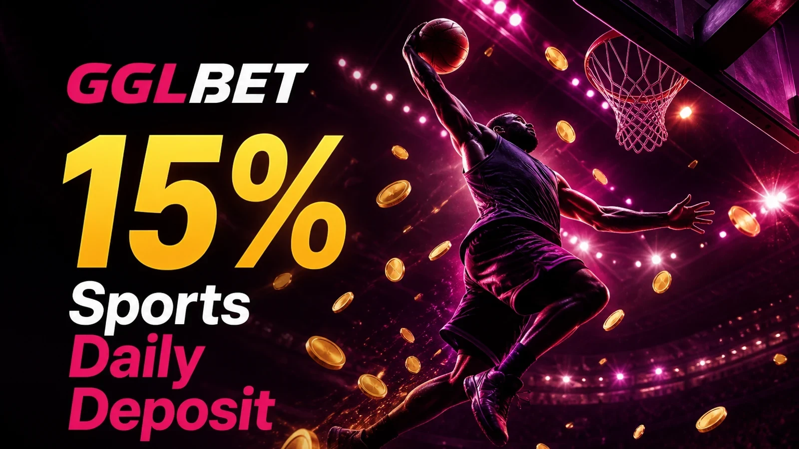 GGLBET 15% Sports Daily Deposit Bonus — sports promotion artwork