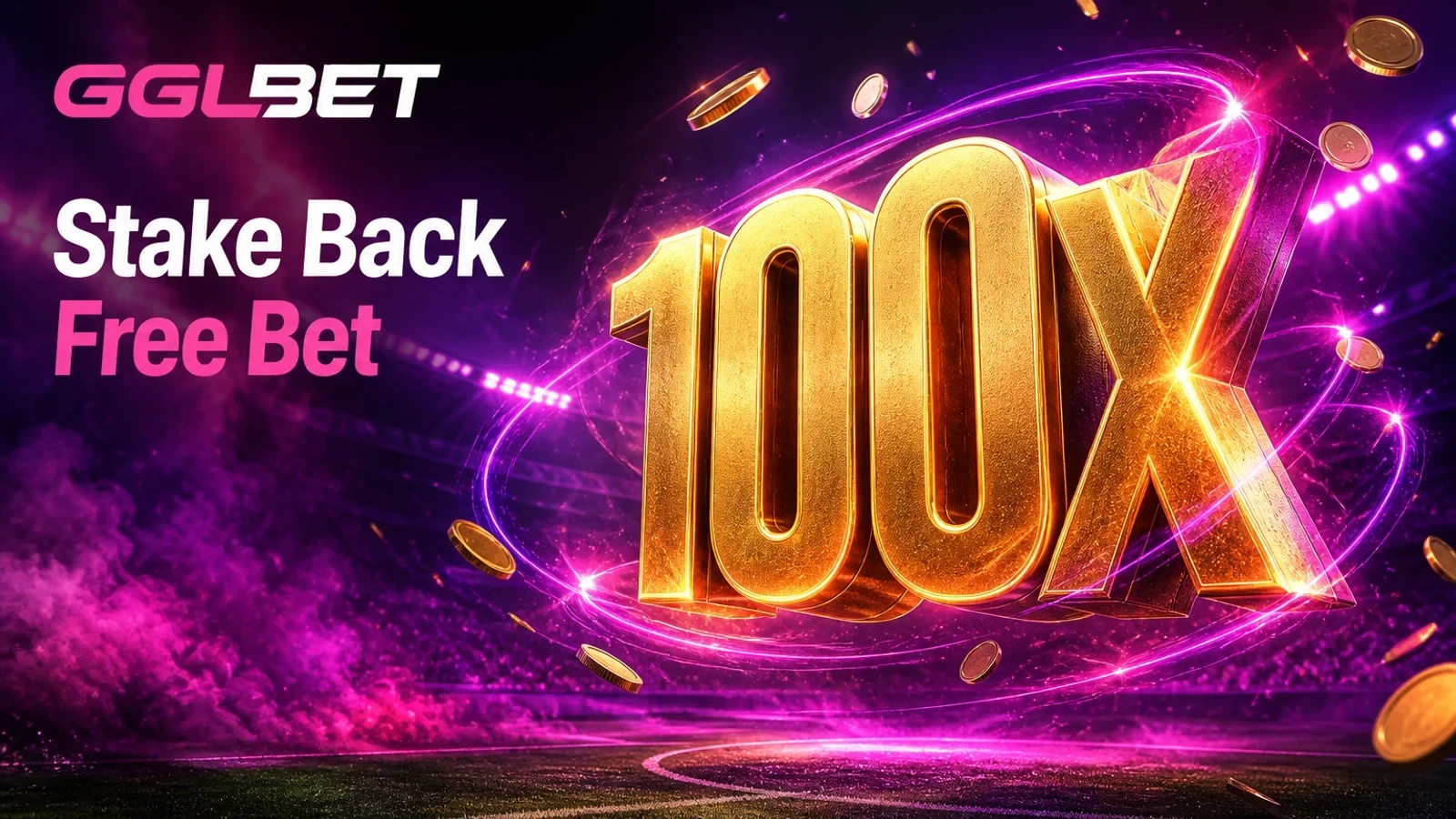 GGLBET Stake Back Up To 100X Free Bet — sports promotion artwork